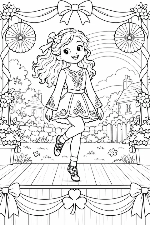 A girl dances on an outdoor stage decorated with ribbons, paper fans and a large three-leaf shamrock.