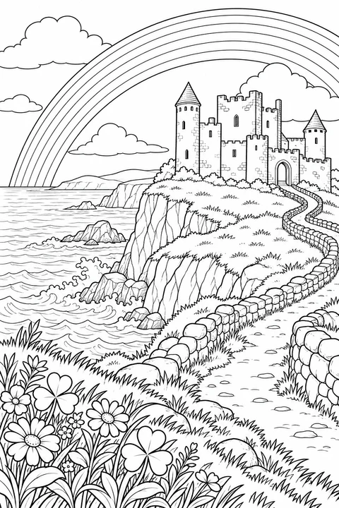A rainbow arches above a storybook castle on a sea cliff, with a winding stone-walled path and flowers below.