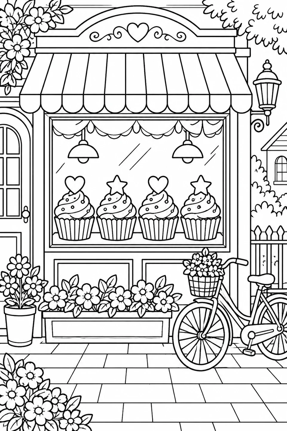 Four cupcakes with alternating hearts and stars in a bakery window.