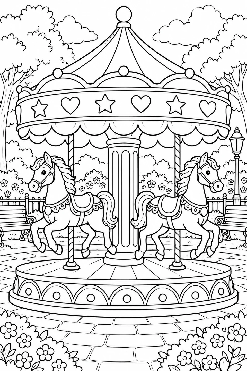 A two-horse carousel with alternating stars and hearts around its canopy.
