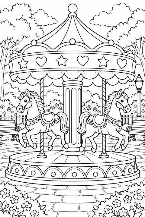 A two-horse carousel with alternating stars and hearts around its canopy.