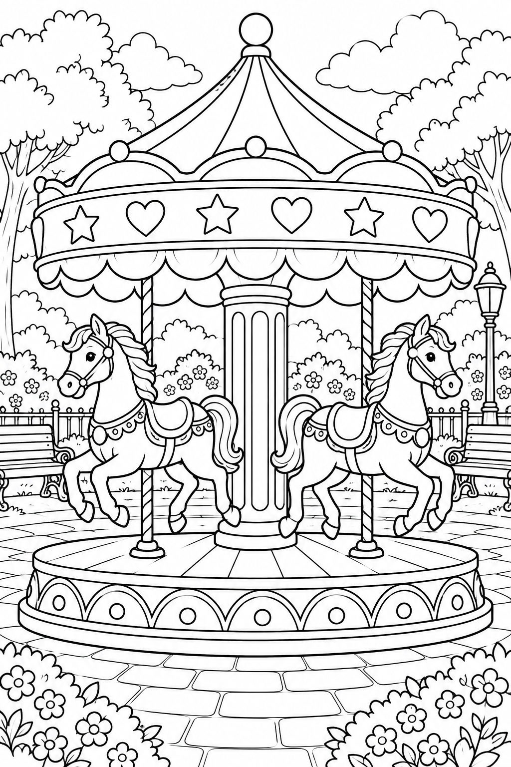 A two-horse carousel with alternating stars and hearts around its canopy.