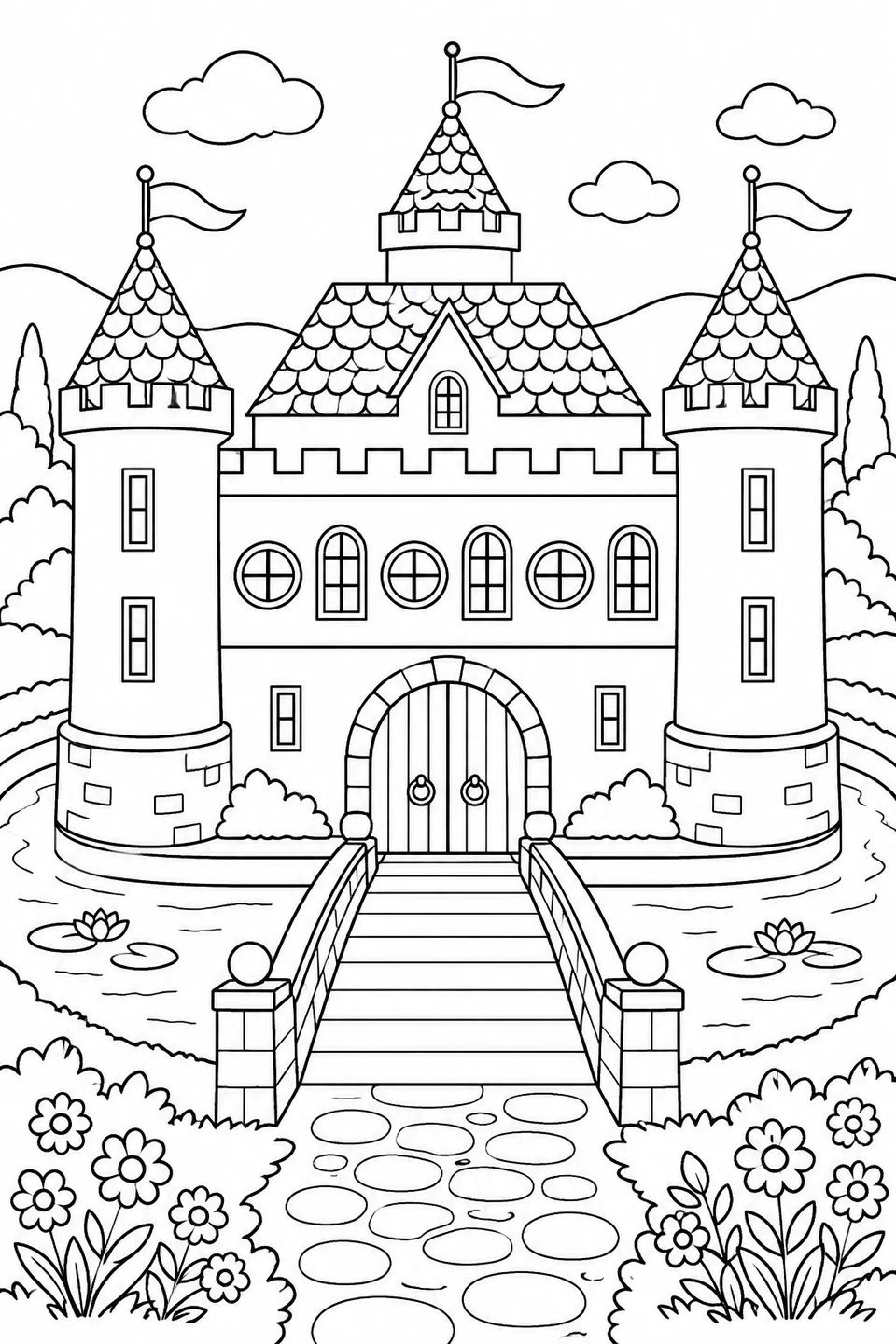 A castle with alternating round and arched windows above a bridge.