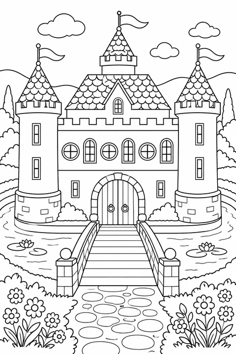 A castle with alternating round and arched windows above a bridge.