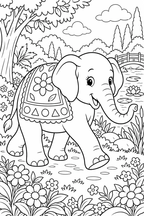 An elephant beside a pond wears a blanket edged with alternating circles and triangles.