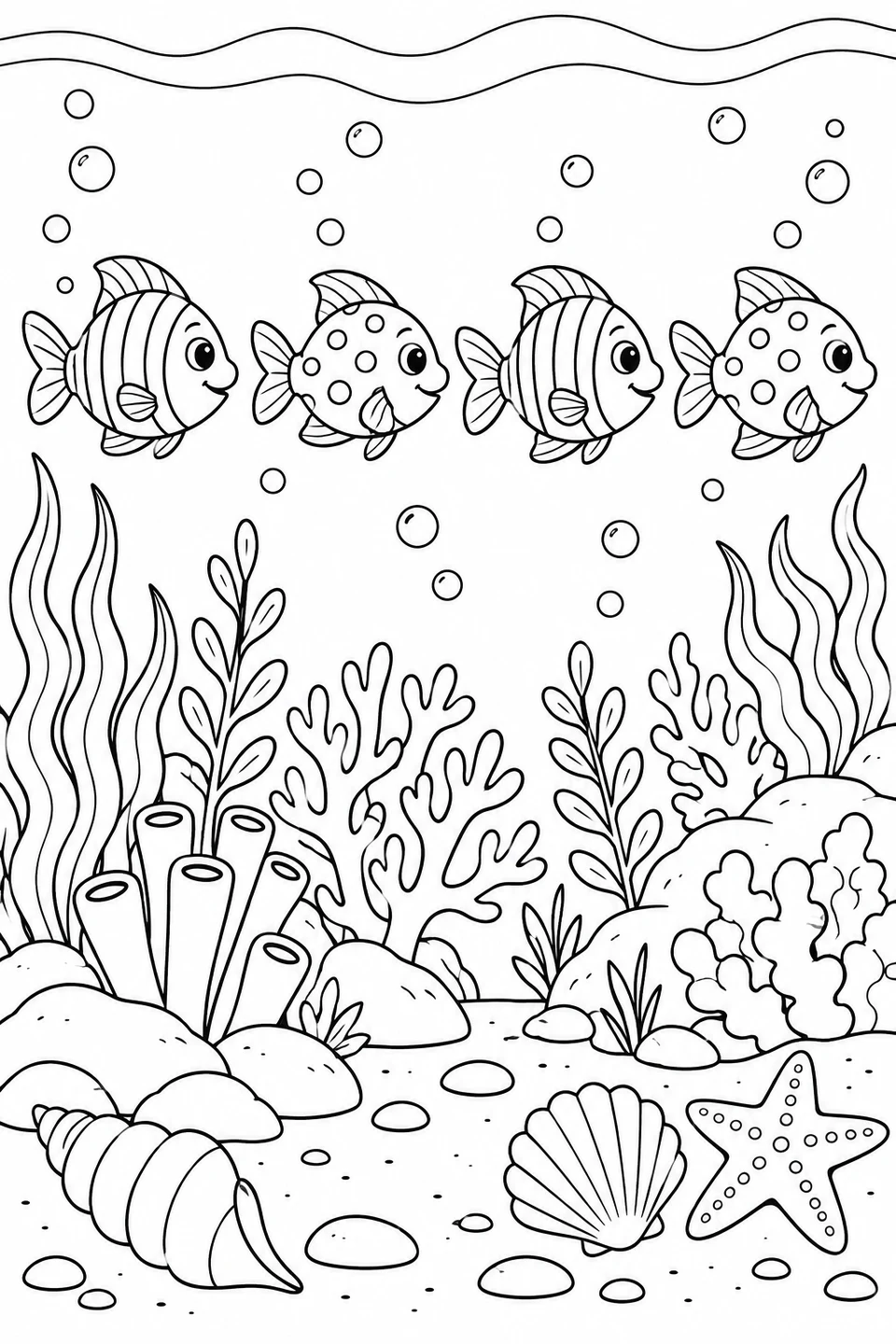 Four fish swim in a row above a coral garden, alternating striped bodies and spotted bodies.