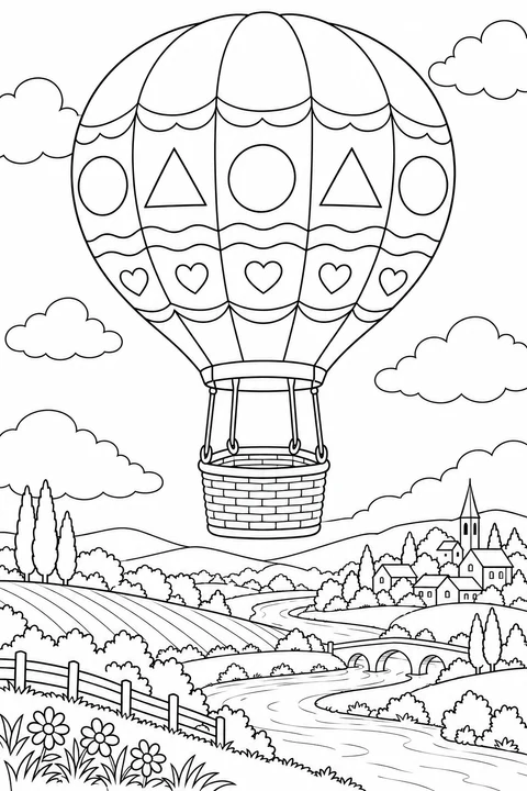 A hot air balloon with alternating circles and triangles and a row of hearts above a river and village.