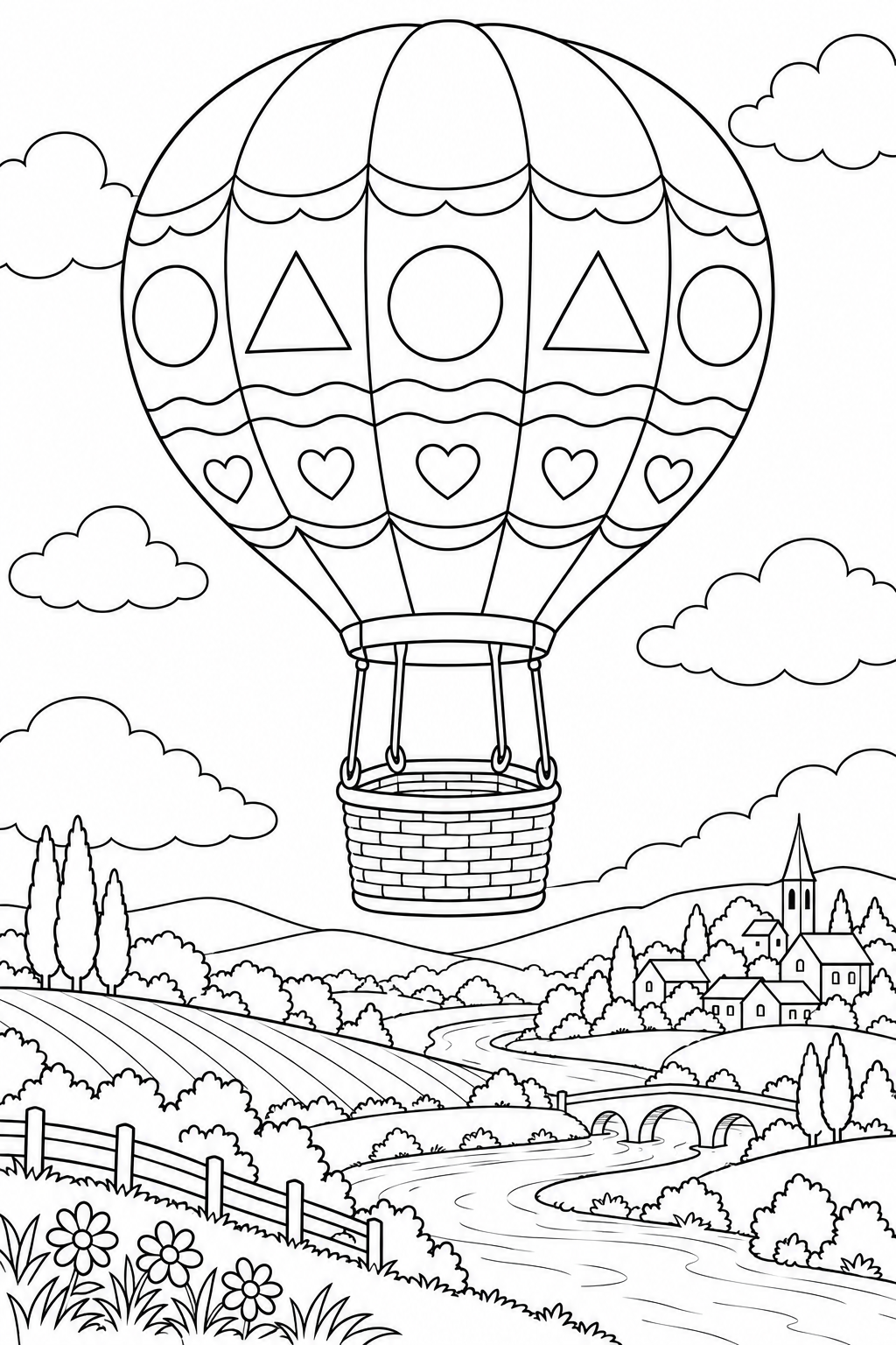 Balão com círculos e triângulos alternados e uma fileira de corações, acima de um rio e um vilarejo.