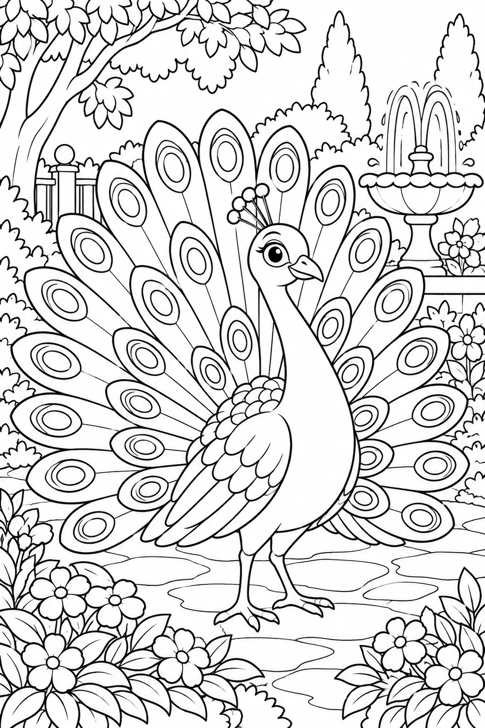 A peacock spreads its patterned tail beside a garden fountain. Concentric oval shapes repeat across the feathers.