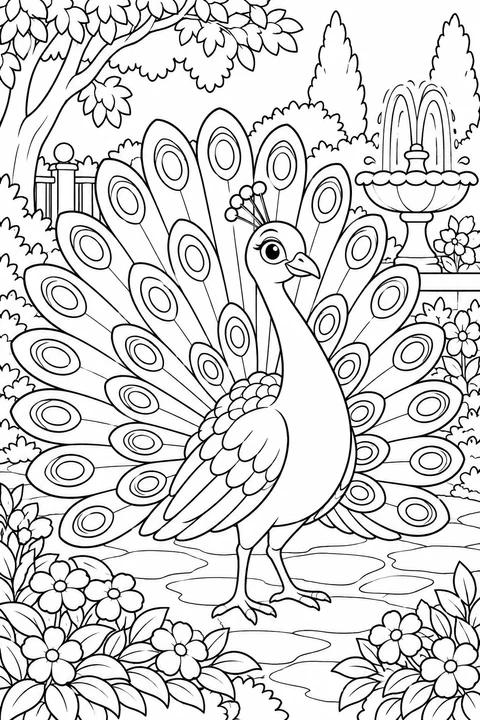 A peacock spreads its patterned tail beside a garden fountain. Concentric oval shapes repeat across the feathers.