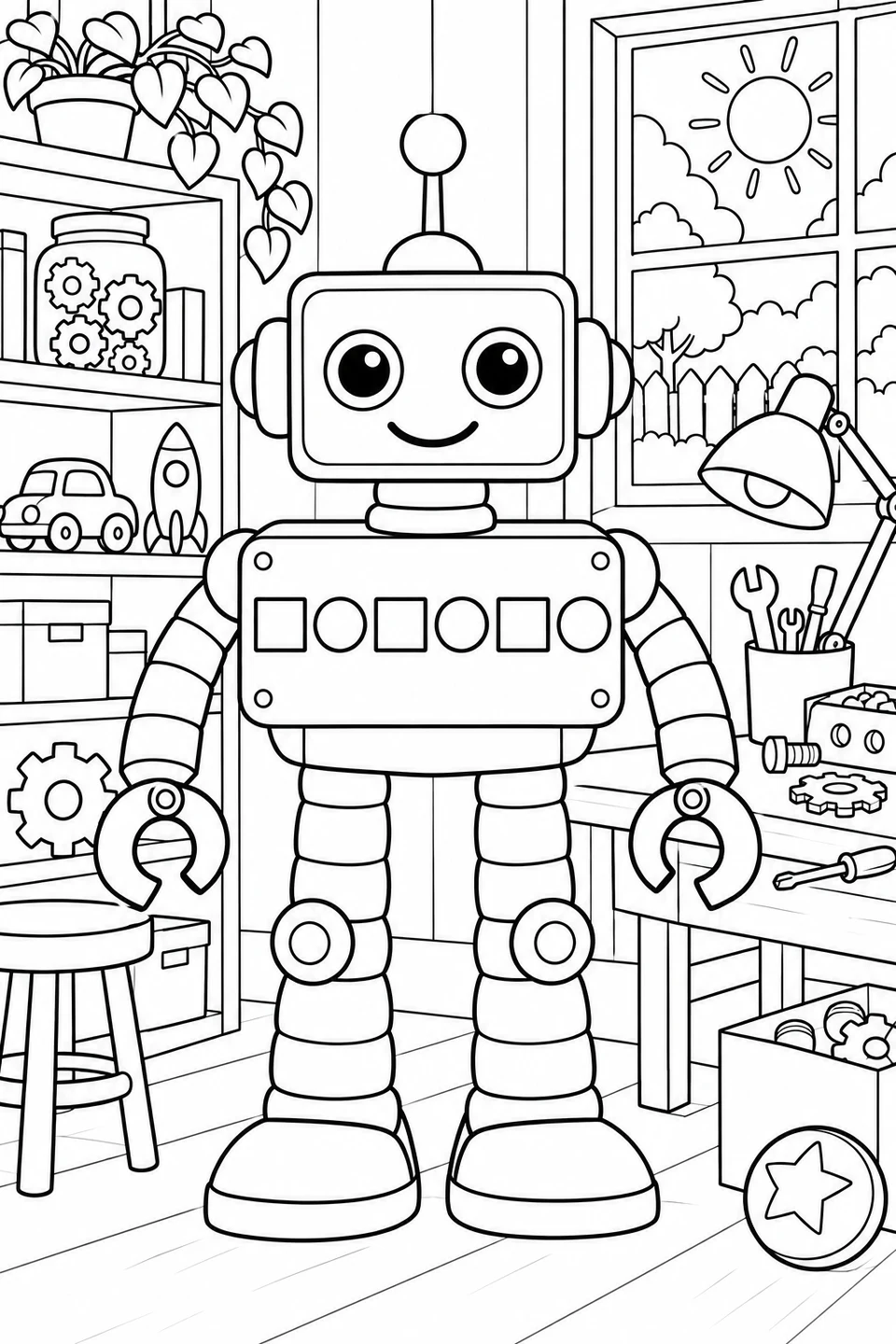A smiling robot with six alternating square and round chest buttons in a workshop.