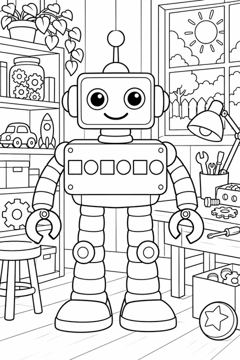 A smiling robot with six alternating square and round chest buttons in a workshop.