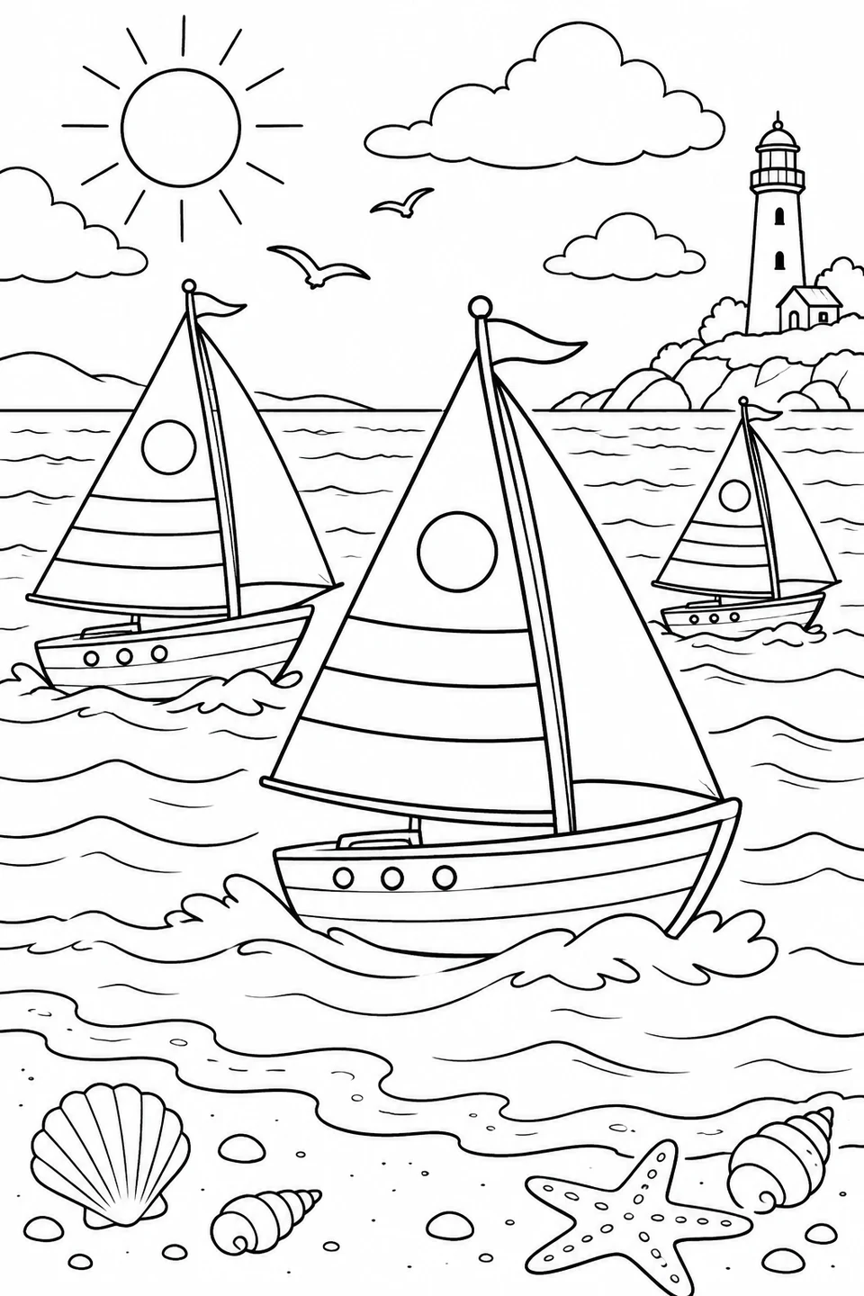 Three sailboats glide over the waves. A circle and horizontal bands repeat on each large sail, with a lighthouse in the distance.