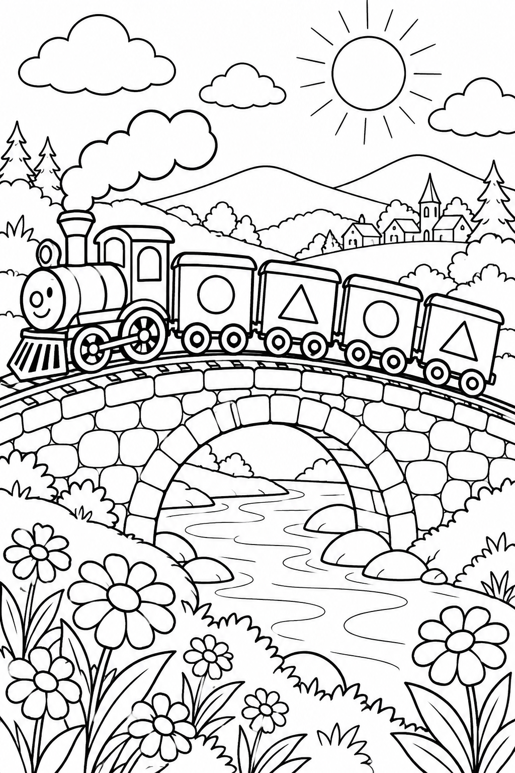 Ein kleiner Zug fährt über eine Steinbrücke. Auf seinen vier Wagen wechseln sich Kreise und Dreiecke ab.