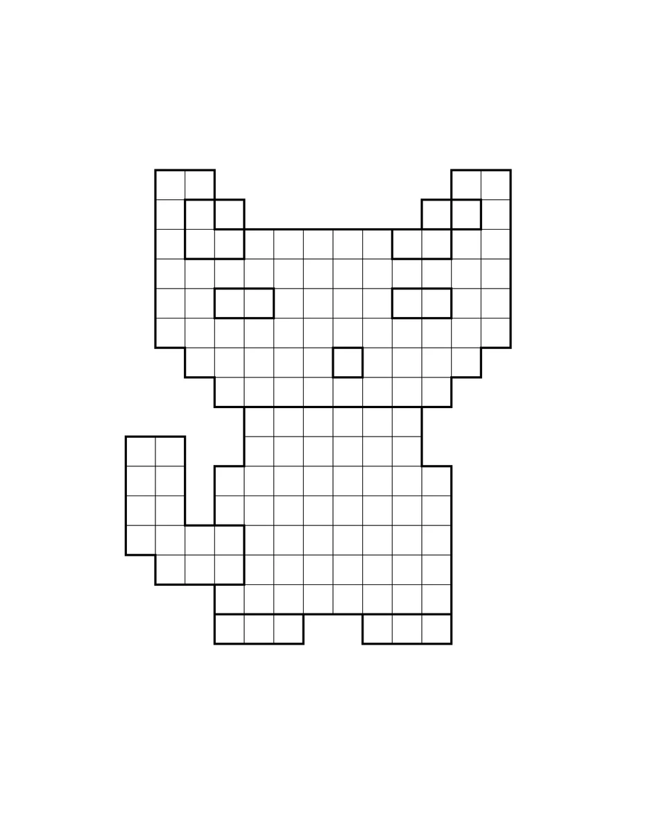 A pixel cat with upright ears, a bent tail and front paws.
