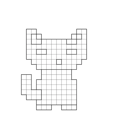 A pixel cat with upright ears, a bent tail and front paws.