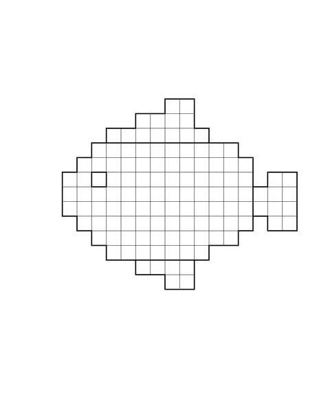 A fish with a small eye, fins and a tail.