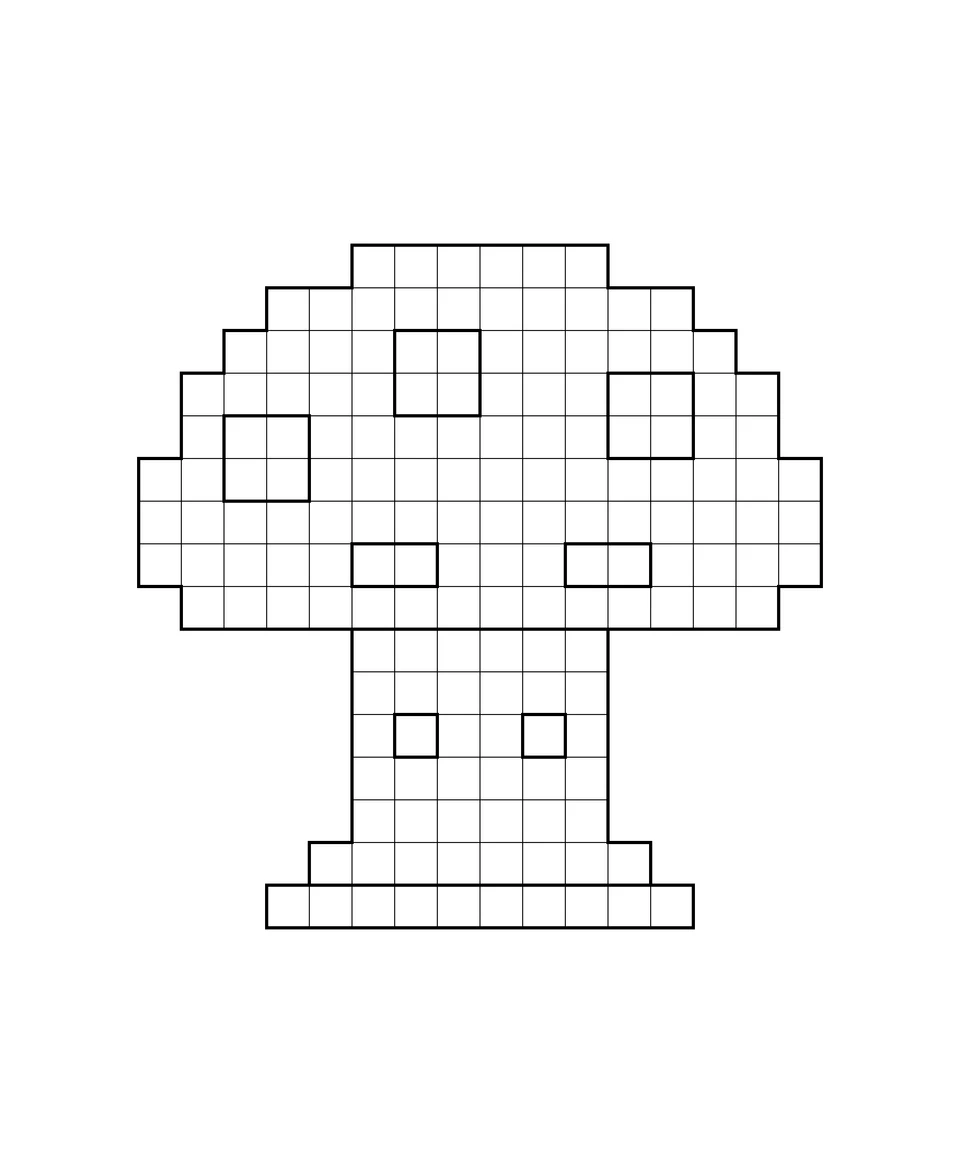 A wide mushroom cap with square spots and a short stem.
