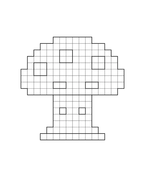 A wide mushroom cap with square spots and a short stem.