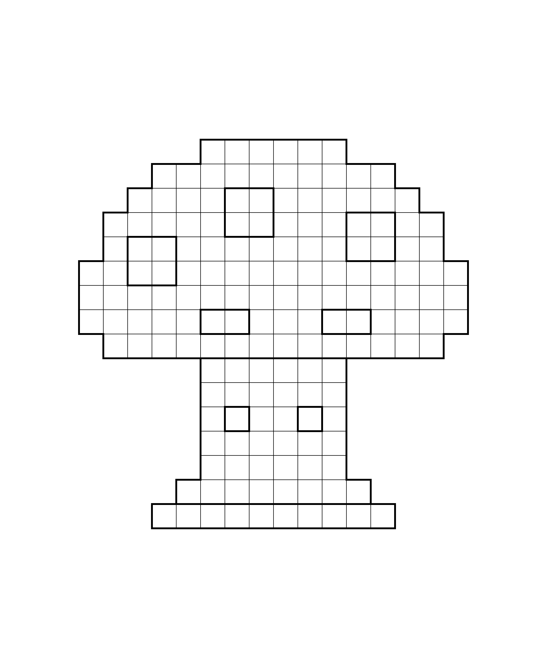 A wide mushroom cap with square spots and a short stem.