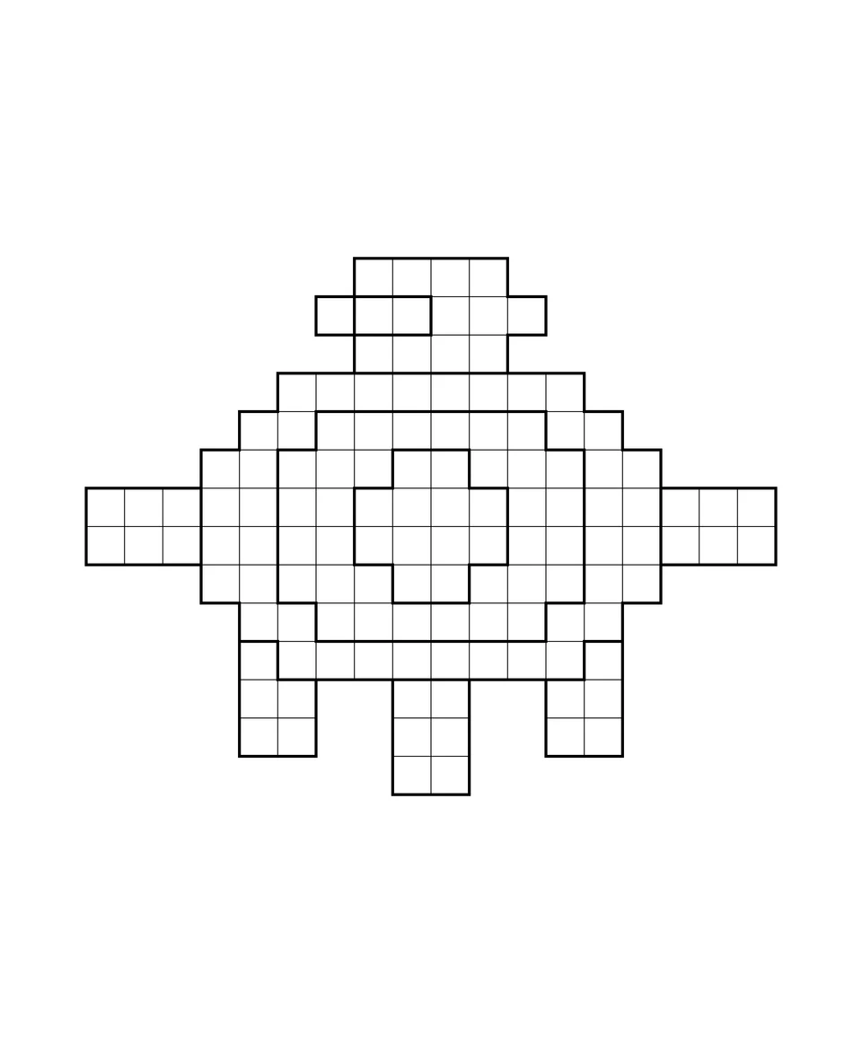 A turtle in pixel art, seen from above with a patterned shell.