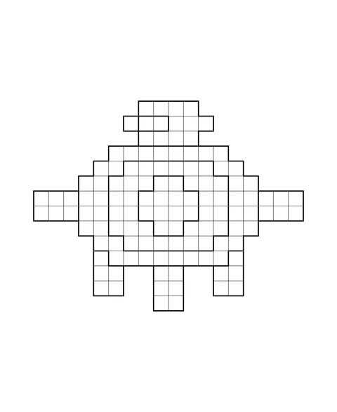 A turtle in pixel art, seen from above with a patterned shell.