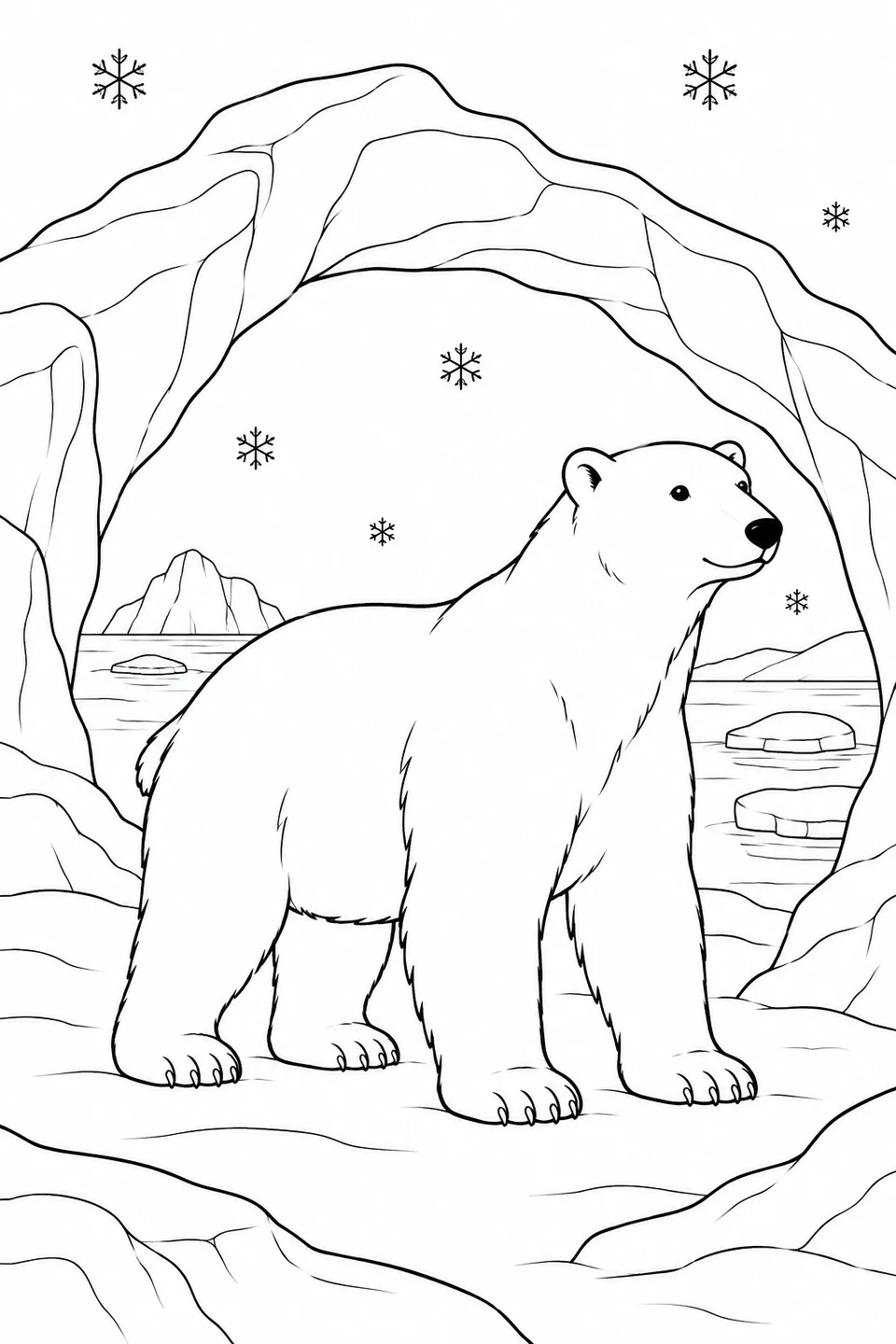 Un tranquillo orso polare sta sotto un ampio arco di ghiaccio, con fiocchi di neve e lastre galleggianti sullo sfondo.