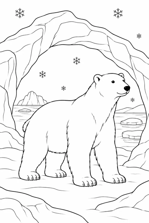 A gentle polar bear stands beneath a sweeping ice arch, with snowflakes and distant ice floes behind it.