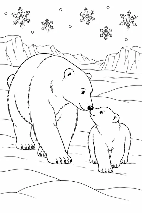 A large polar bear and a smaller one gently touch noses among snowdrifts beneath falling snowflakes.