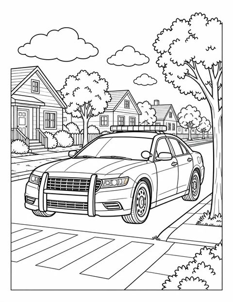 A generic police car is parked on a street with houses, trees and a crossing.