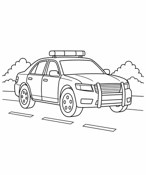 A generic police car with a rooftop light bar is parked on a quiet road.