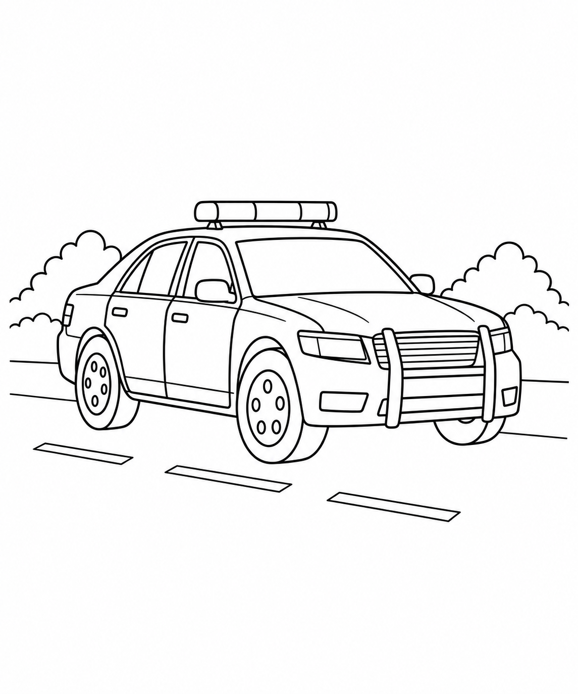 A generic police car with a rooftop light bar is parked on a quiet road.