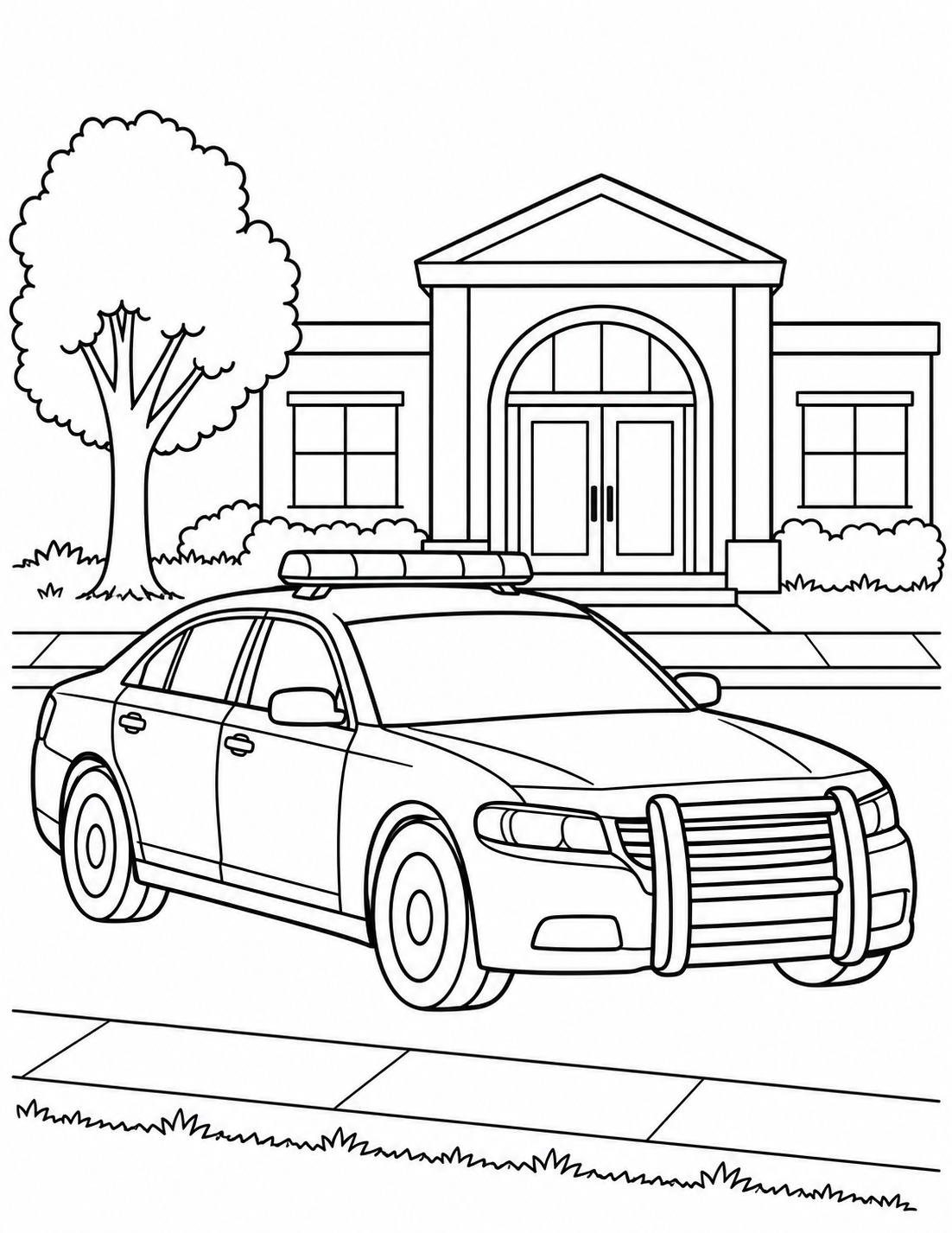 A generic police car is parked outside a station building with a tree and sidewalk.