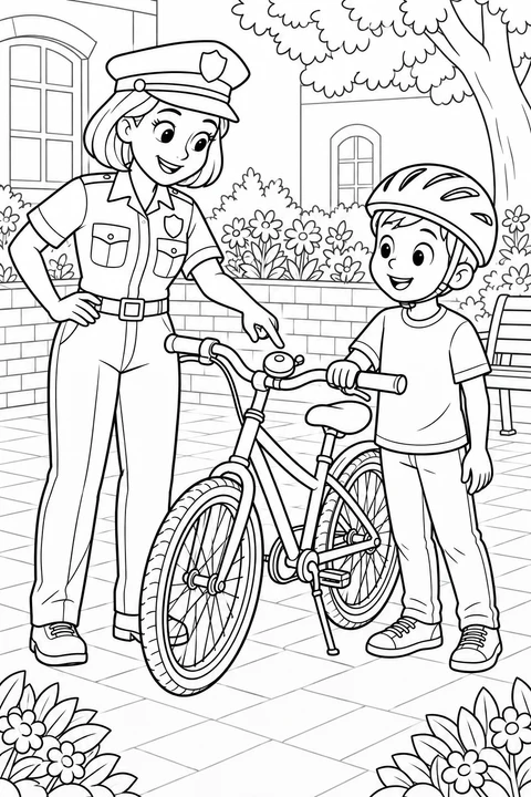 A policewoman points to a bicycle bell as a helmeted boy holds the parked bike in a flower-filled courtyard.