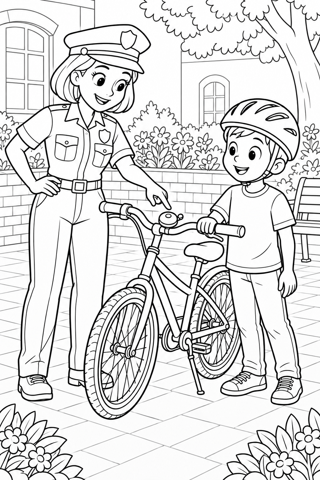 A policewoman points to a bicycle bell as a helmeted boy holds the parked bike in a flower-filled courtyard.