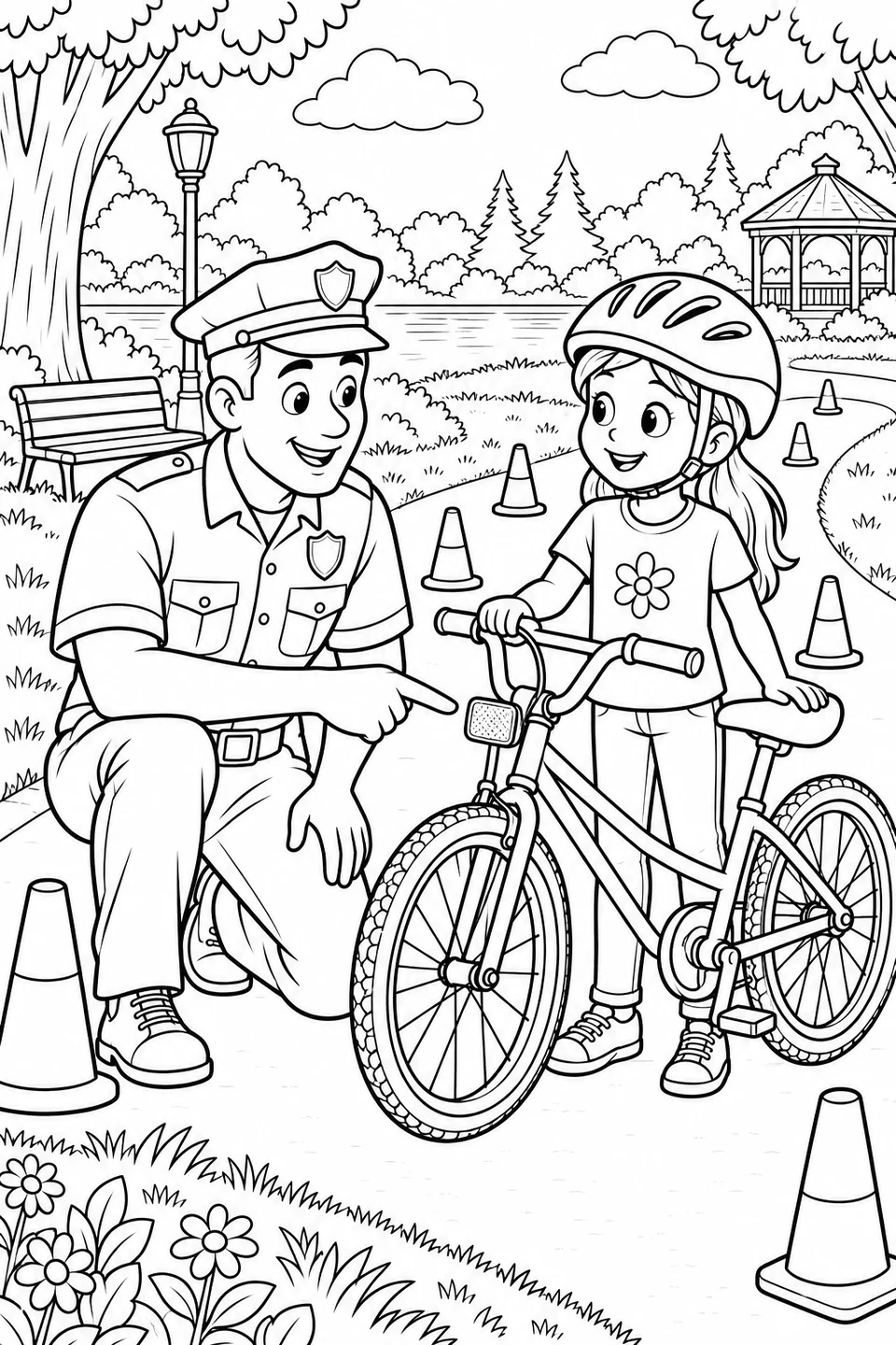 A policeman points to a bicycle’s front reflector while a helmeted girl holds the handlebar and saddle on a park path.