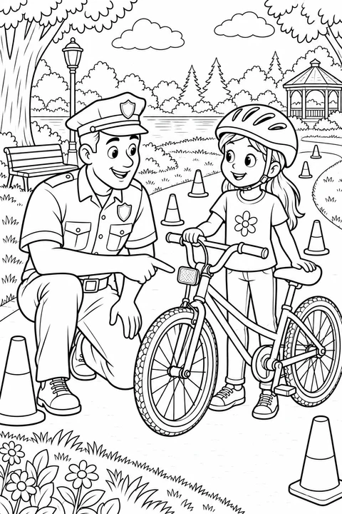 A policeman points to a bicycle’s front reflector while a helmeted girl holds the handlebar and saddle on a park path.