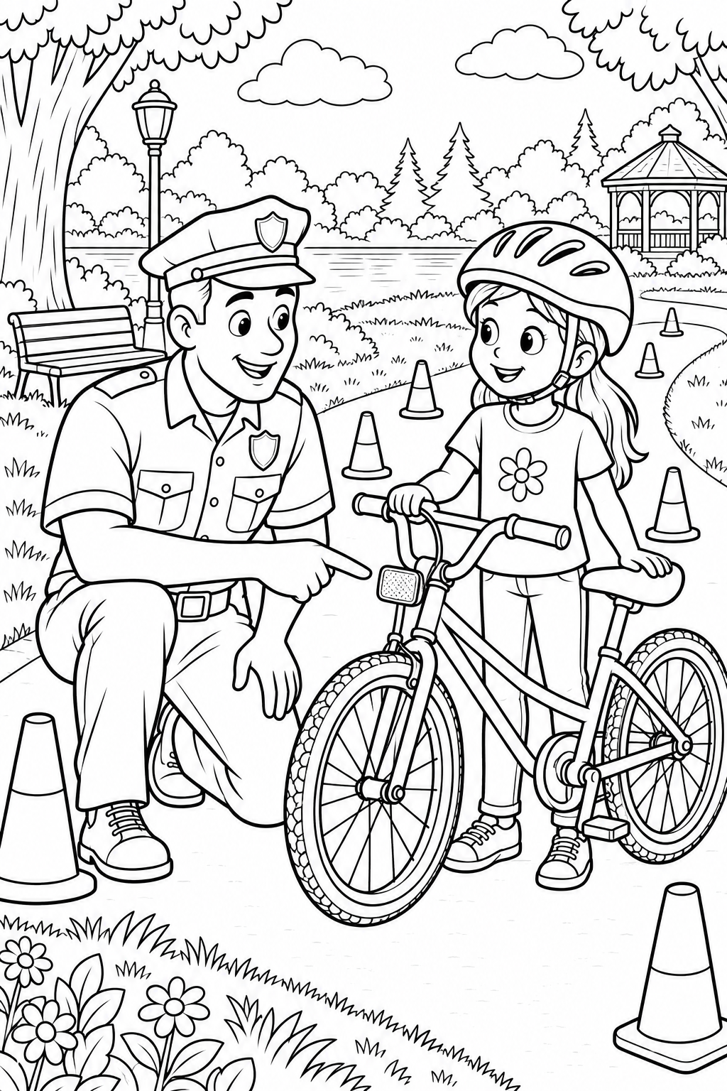 A policeman points to a bicycle’s front reflector while a helmeted girl holds the handlebar and saddle on a park path.