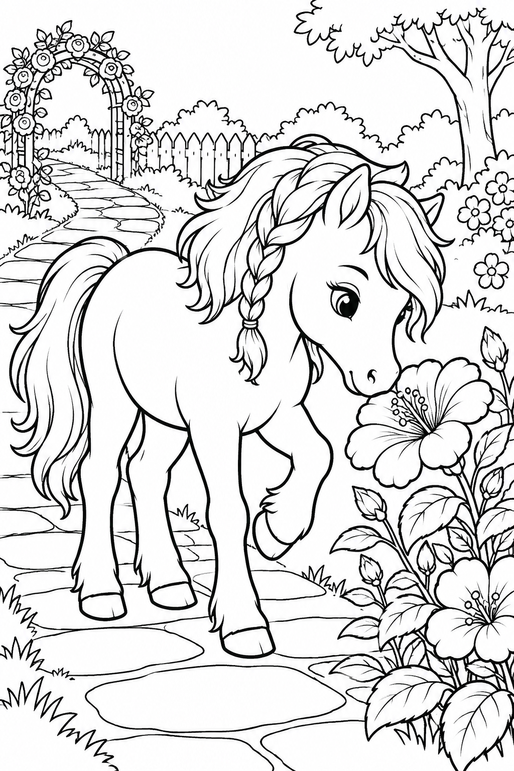 Ein Pony schnuppert an einer Blume