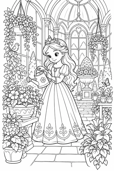 A princess waters flowers among arched windows and leafy pots.