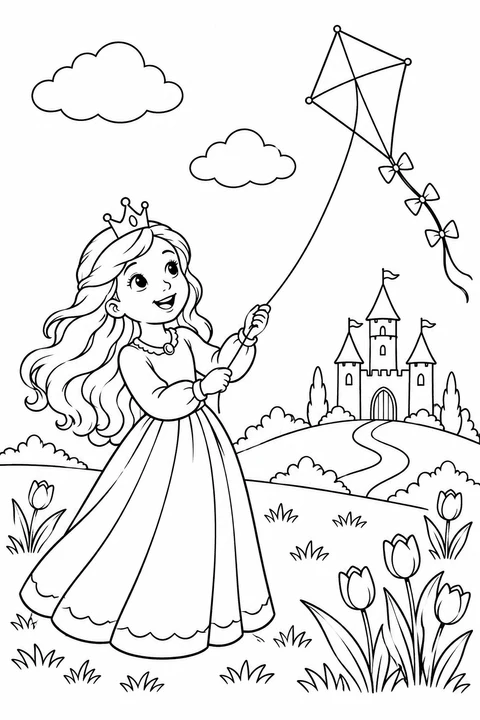 A princess flies a diamond kite in a meadow beside a castle.
