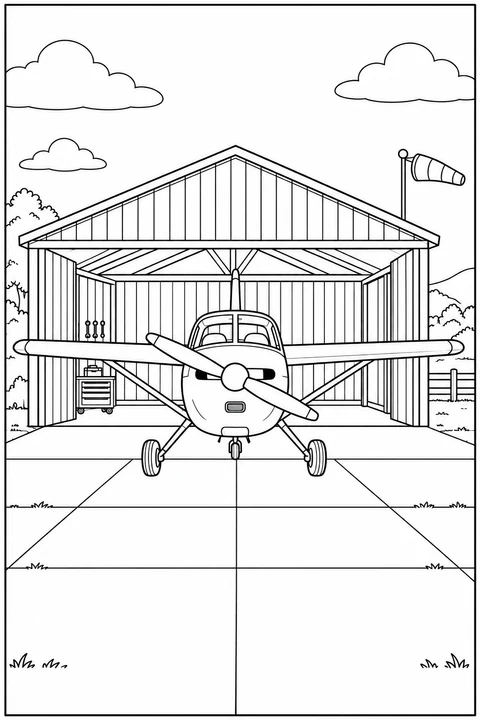 Een klein vliegtuig staat recht van voren in een open hangar, met een windzak naast het dak.