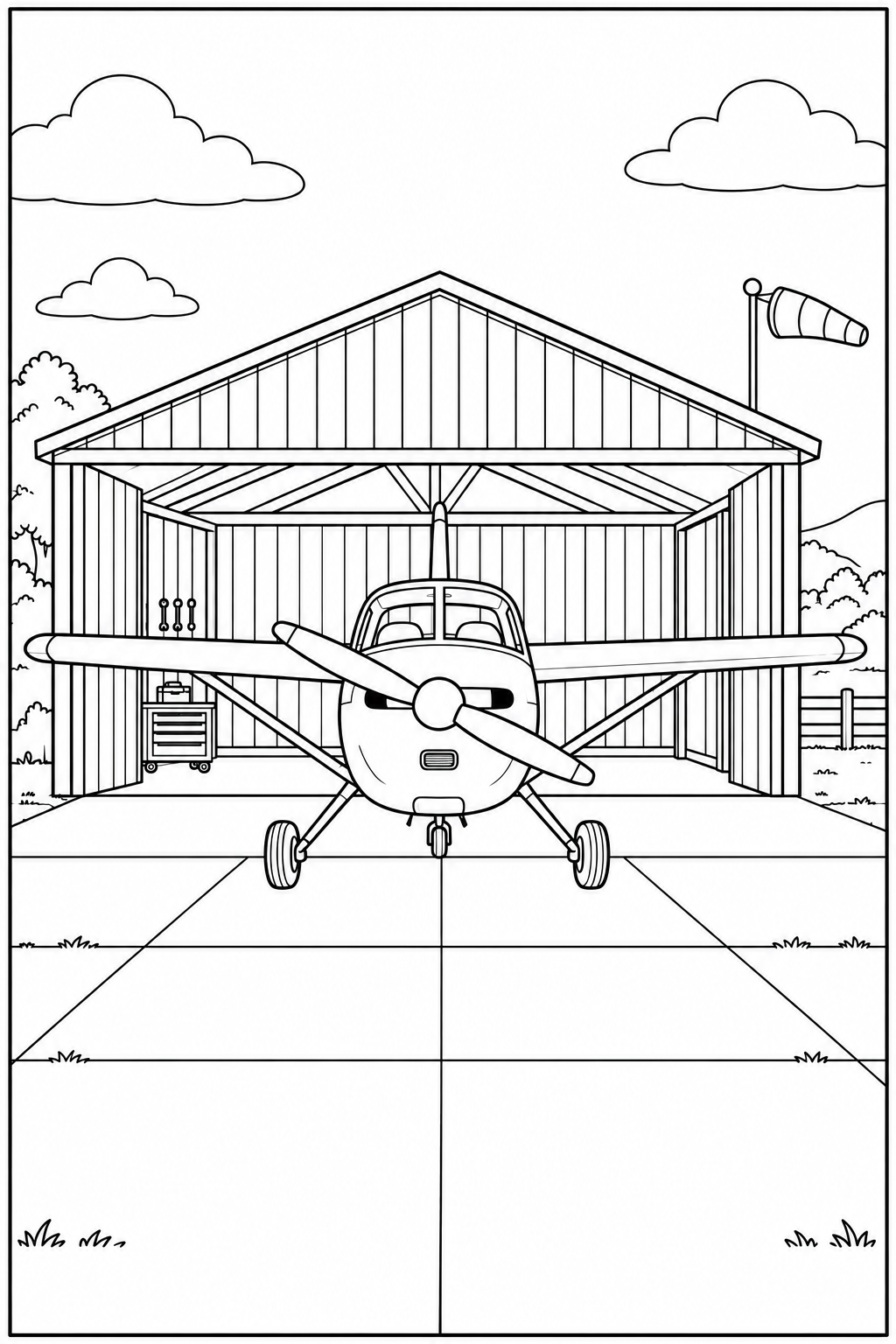 Een klein vliegtuig staat recht van voren in een open hangar, met een windzak naast het dak.