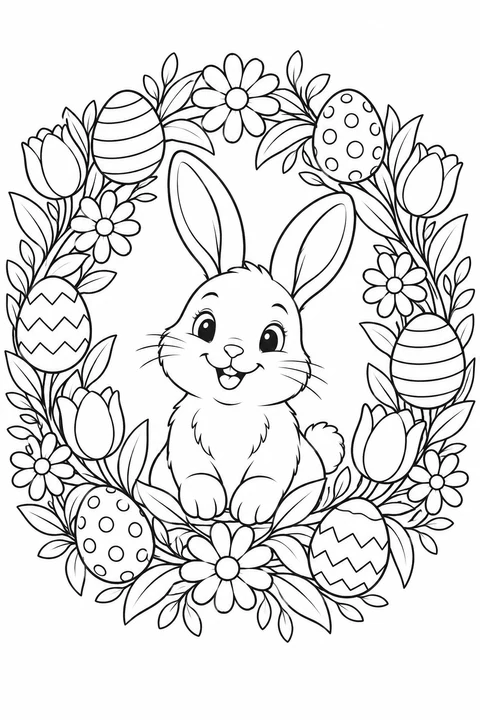 Een vrolijk konijn zit in een krans van tulpen, margrieten, bladeren en zes versierde paaseieren.