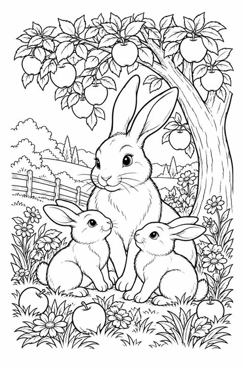 Kaninchenfamilie unter einem Apfelbaum