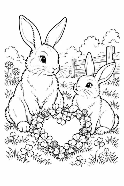 Zwei Kaninchen mit einem Herz aus Klee