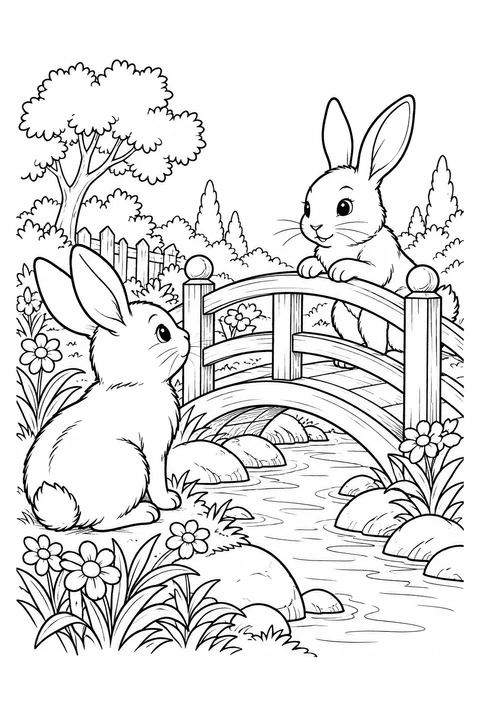 Zwei Kaninchen an einer Gartenbrücke
