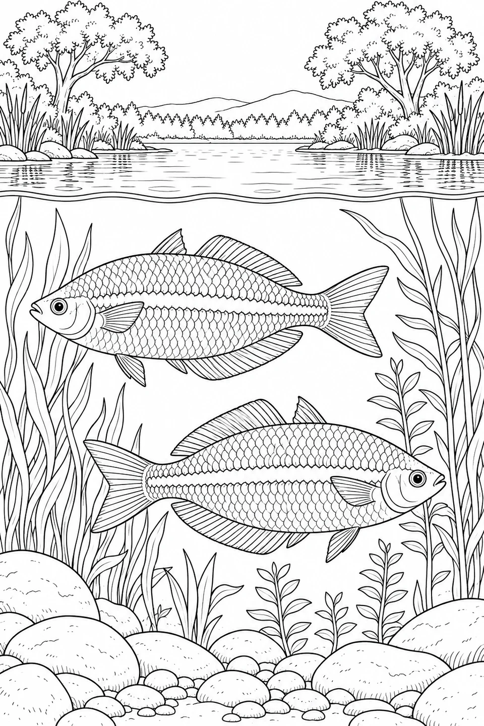 Trees and reeds line a quiet lake above the waterline, while two rainbowfish swim among plants and rocks below.