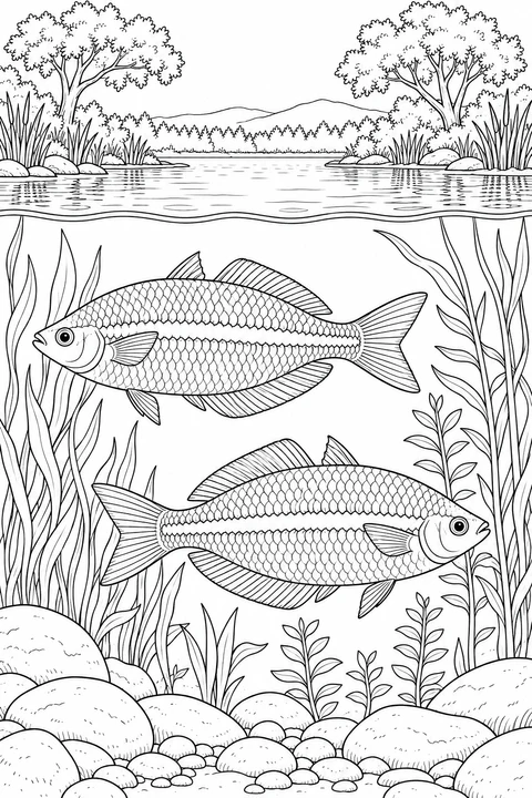Trees and reeds line a quiet lake above the waterline, while two rainbowfish swim among plants and rocks below.