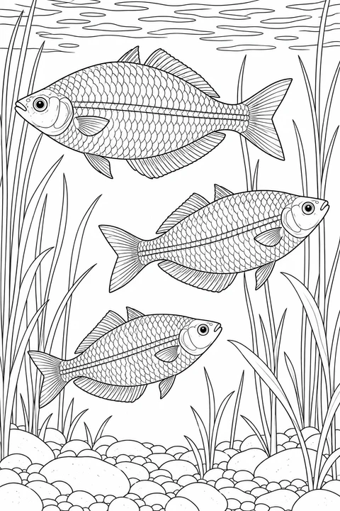 Three striped rainbowfish swim between tall reed stems above a bed of rounded stones.